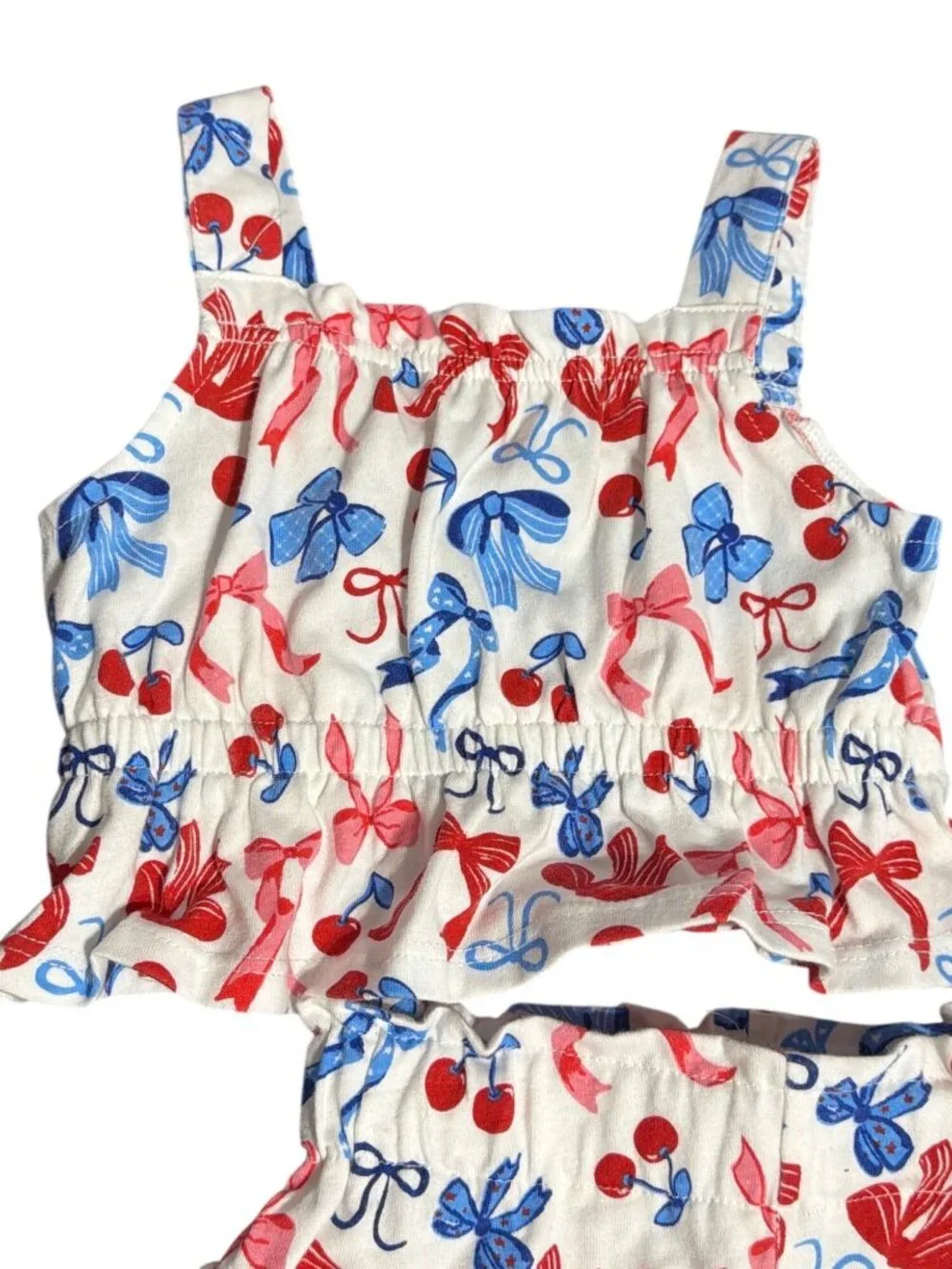Rare Editions 2 Piece Outfit Cherry Bow Red White Blue Top And Shorts Size 18M